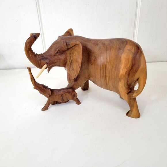 Mother and Baby Elephant Wood Sculpture Handmade in Kenya - Picture 1 of 7